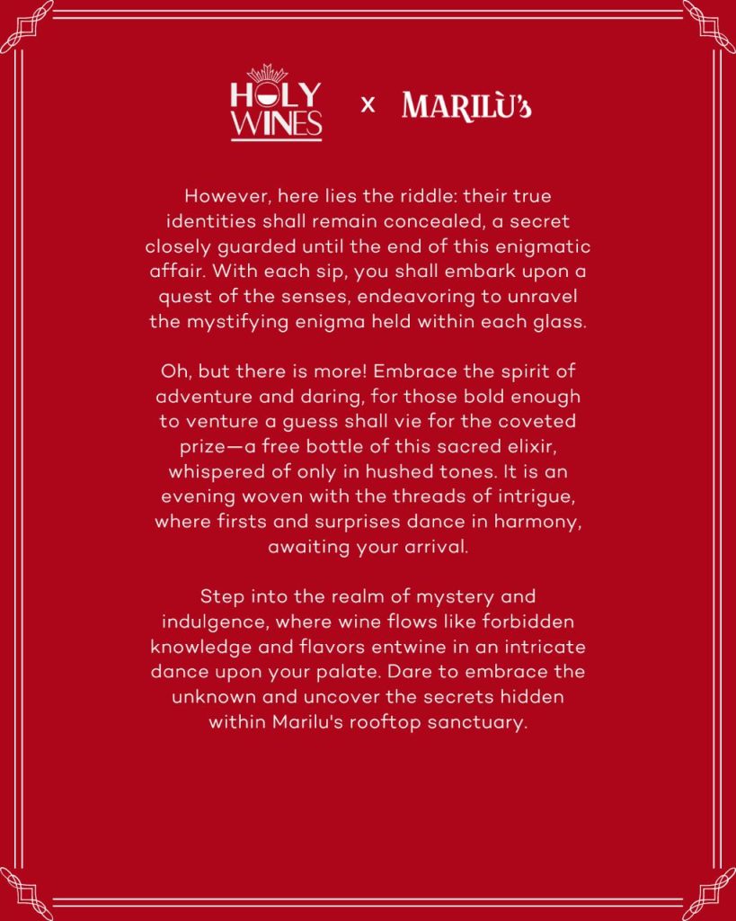 Holy Wines - Marilu's - Wine & Food Pairing - Events - Wines Served Blind